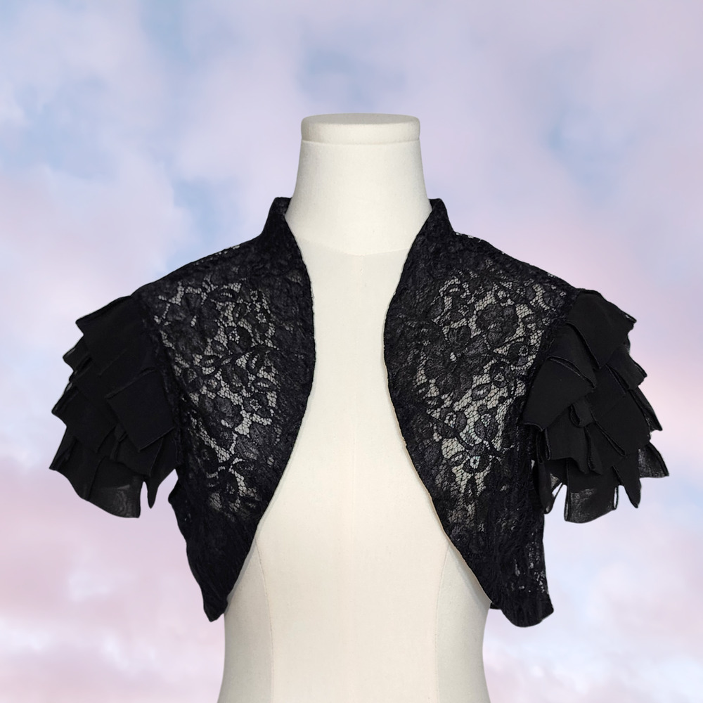 Vtg 90s J.R Nites Black Lace Sheer Frill Goth Victorian Formal Bolero Shrug Sz L